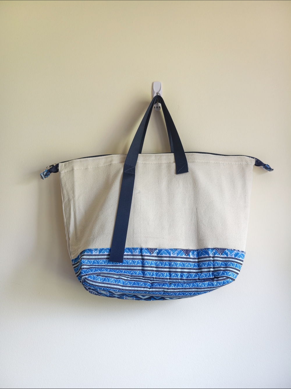 Canvas Tote Bag with Blue Patterned Trim Picnic Cooler Bag